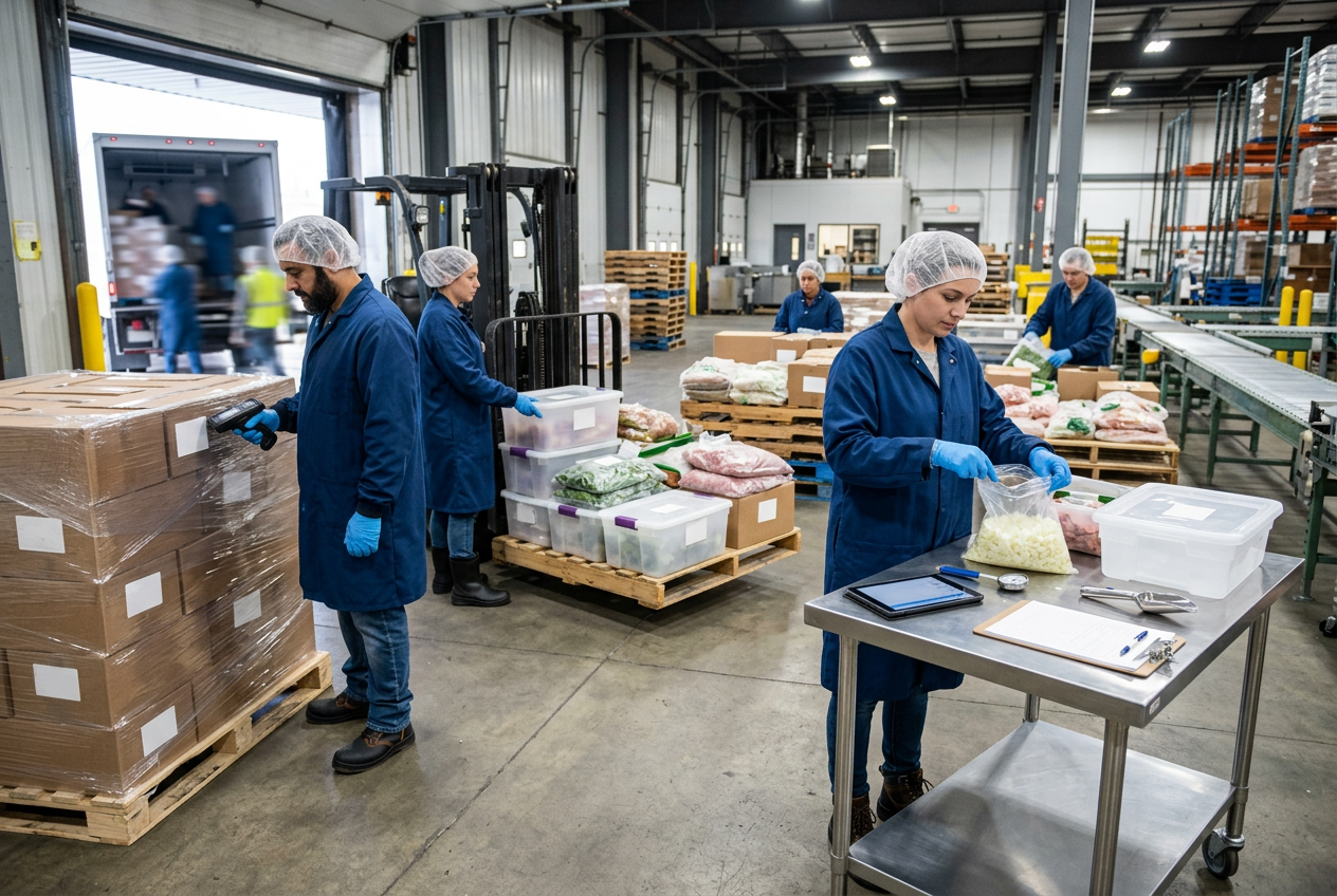 Food processing warehouse operator in white smock, hairnet and blue nitrile gloves scanning a barcode label on a pallet of fresh produce cases at a refrigerated goods-in dock