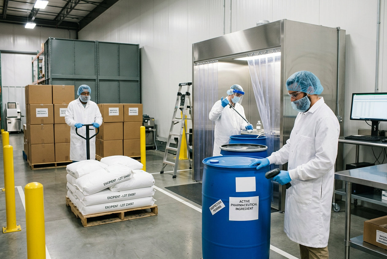 Veterinary pharma ingredient receiving dock with a warehouse operator in white smock, hairnet and blue nitrile gloves scanning a barcode label on a pallet of drums of API of API