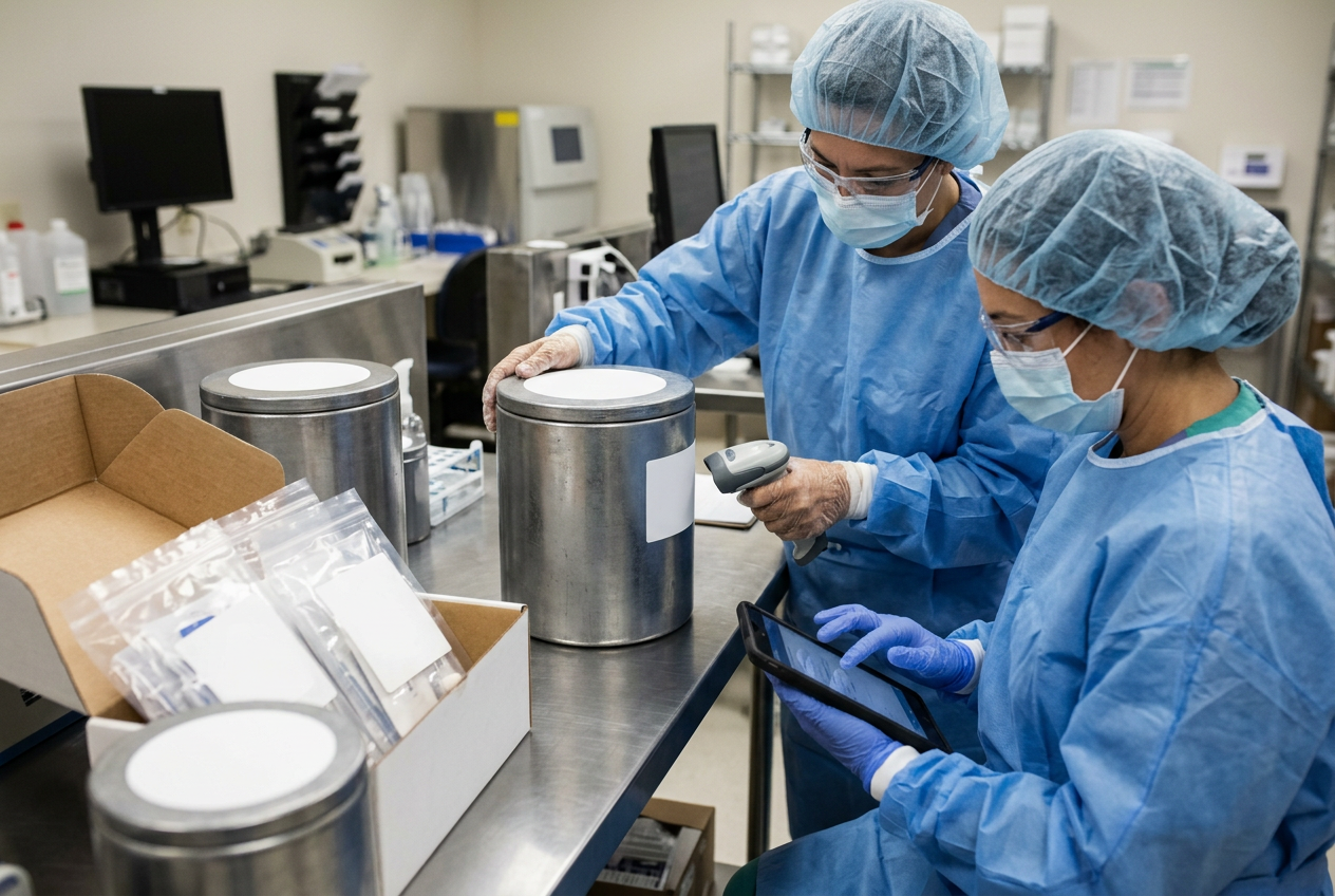 Gloved radiopharmacy technician scanning the barcode label on a small yellow Type A radioactive transport package on a stainless bench