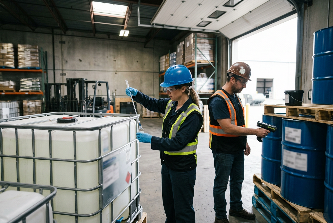 Warehouse operator in high-vis vest and nitrile gloves scanning a barcode on a shrink-wrapped pallet of blue plastic drums of agrochemical raw material in a hazmat storage rack