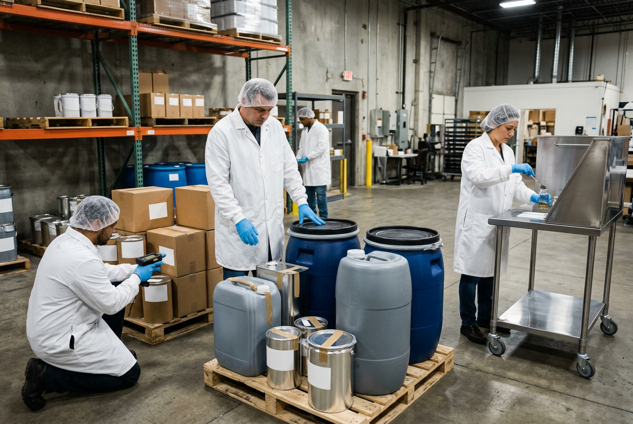 Warehouse operator in blue smock, hairnet and nitrile gloves scanning a barcode on a shrink-wrapped pallet of cosmetic raw material drums at goods-in