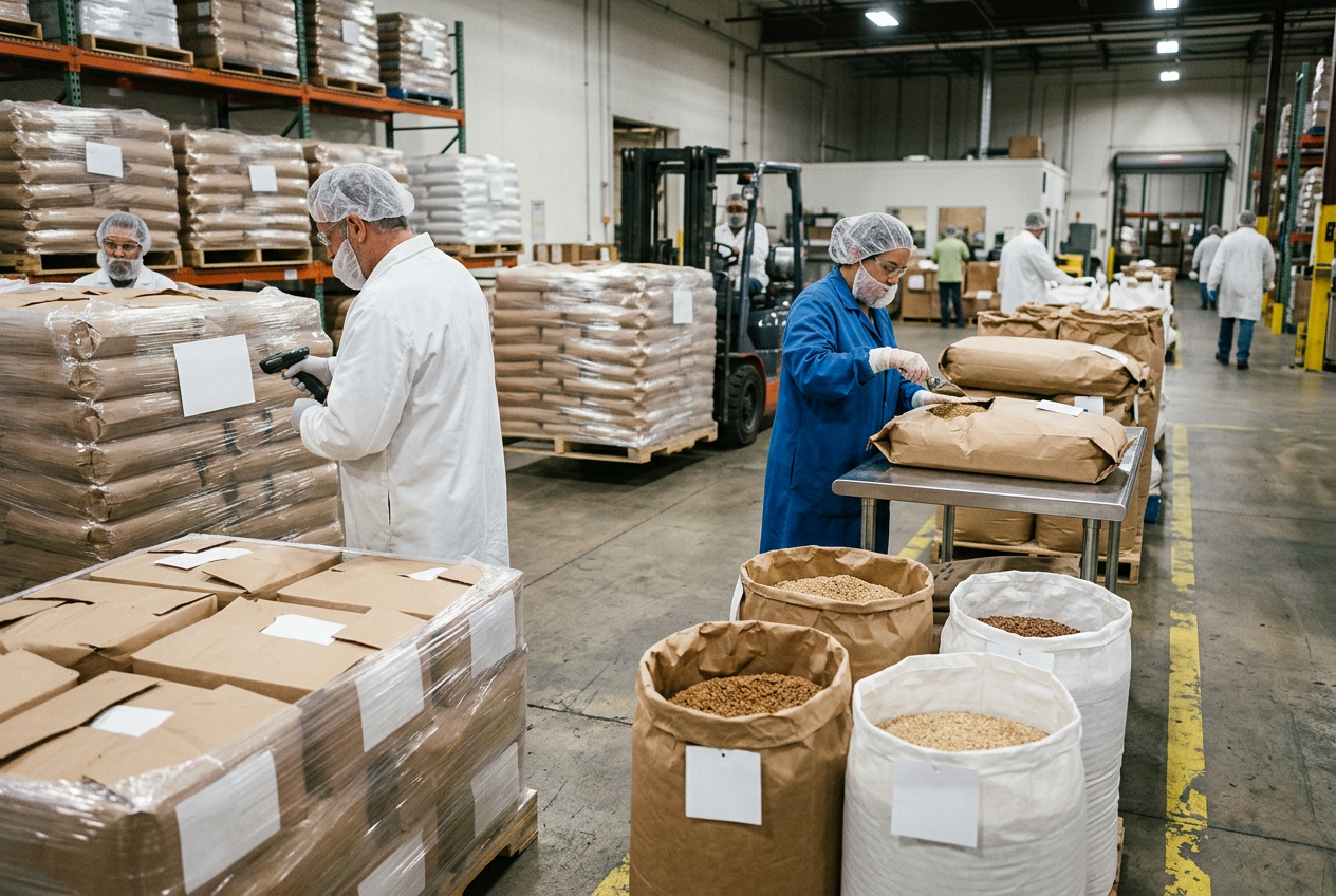 Pet food ingredient receiving dock with a warehouse operator in white smock, hairnet and blue nitrile gloves scanning a barcode label on a pallet of 50-lb kraft bags of chicken meal