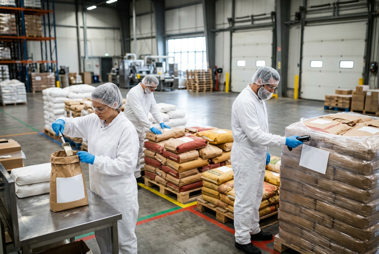 Ingredient receiving dock with a warehouse operator in white smock, hairnet and blue nitrile gloves scanning a barcode label on a stack of 25-kg kraft bags of food-grade powder