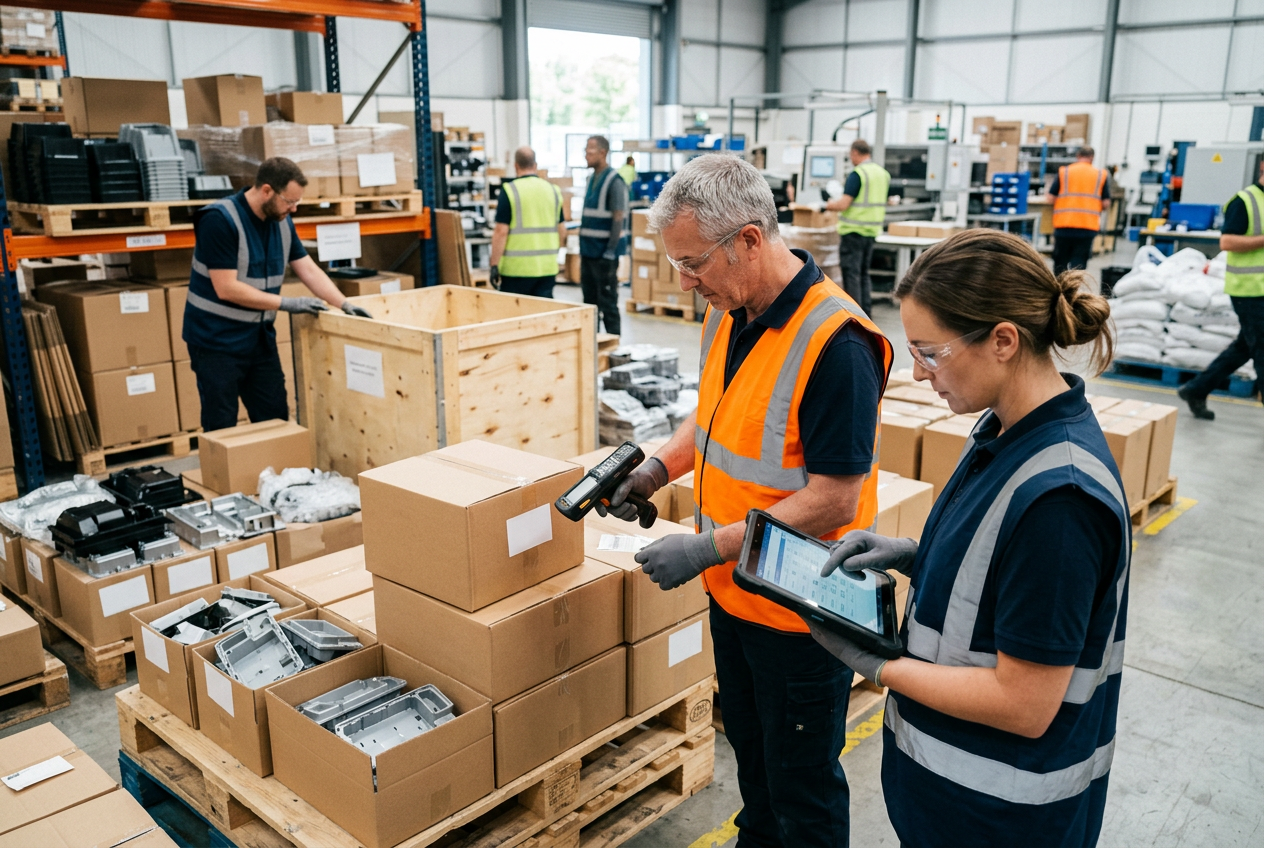 Warehouse operator in safety vest scanning a barcode on a shrink-wrapped pallet of consumer electronics components at goods-in with RoHS / REACH paperwork on a nearby cart
