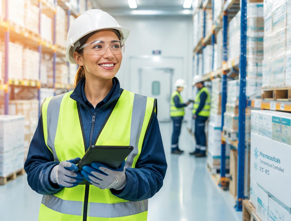 Smiling regulated warehousing & distribution team member in full protective clothing using a tablet on the production floor