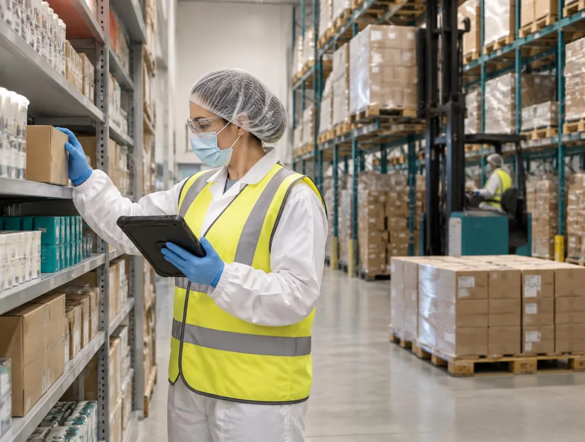 Operator in hair cover, mask, safety glasses, white coat, hi-vis vest and gloves refilling a pick shelf while checking a tablet, with bulk racking behind