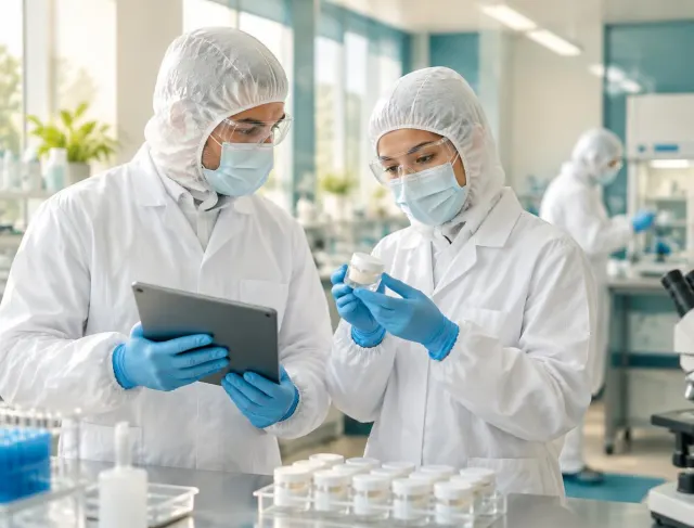 Two quality staff in hoods, masks, glasses and gloves reviewing a sample and a tablet in a lab