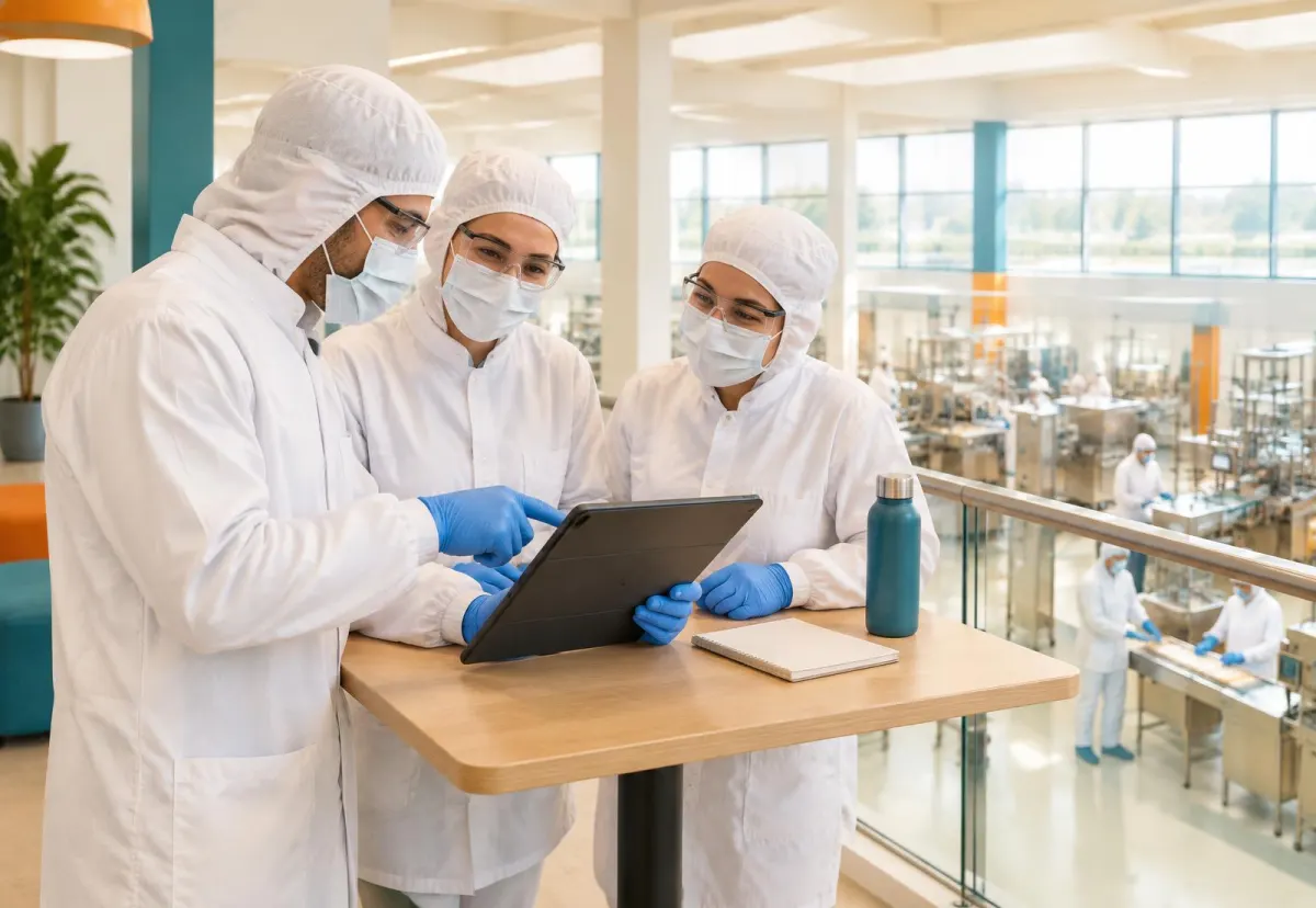Three production staff in hoods, masks, glasses, coats and gloves reading a tablet together on a mezzanine above the factory floor