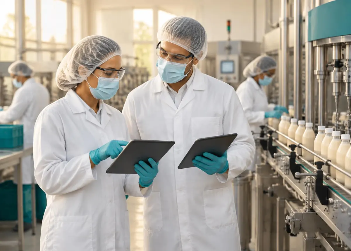 Two production staff in hairnets, masks, glasses, coats and gloves comparing tablets beside a bottle filling line