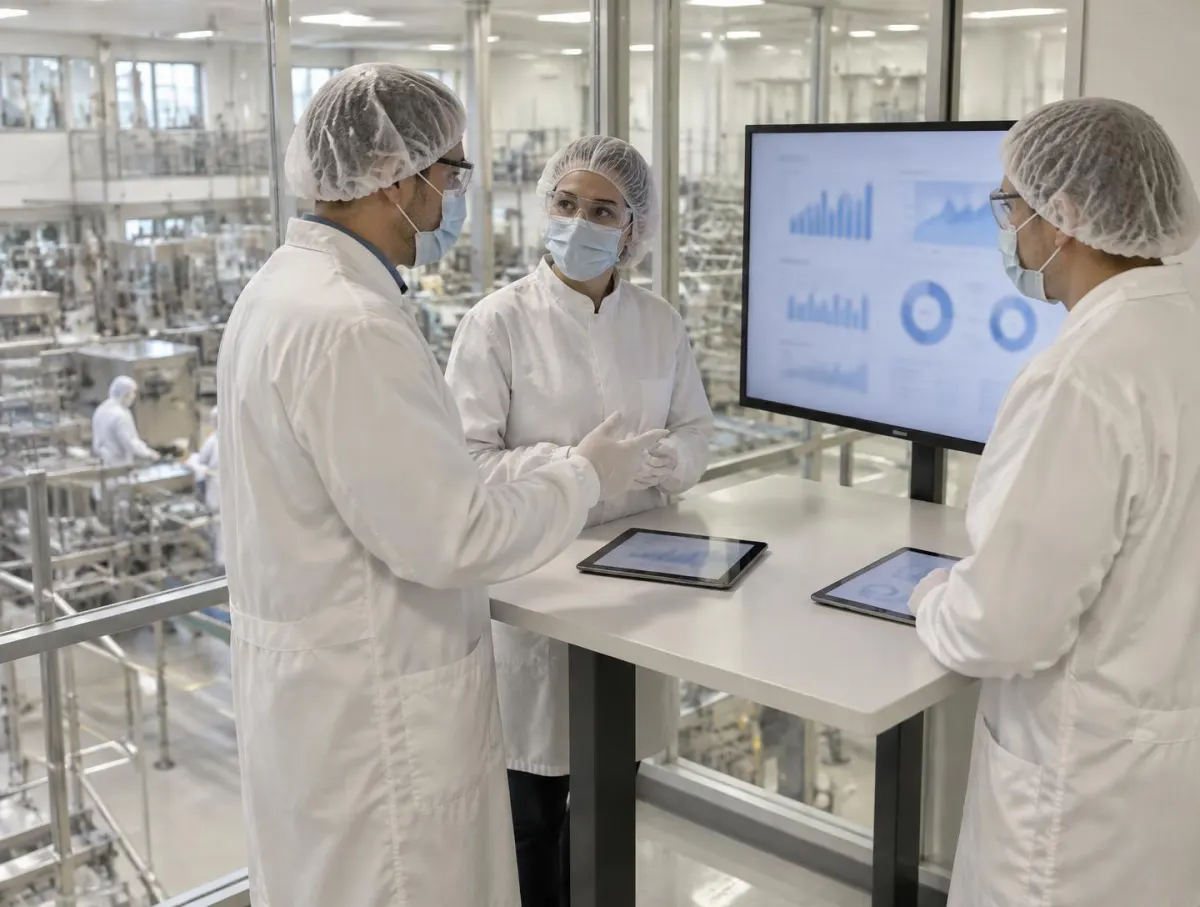 Site manager, quality lead and production manager in hair covers, masks, safety glasses and white coats discussing charts on a large screen at a tall table with tablets, overlooking the production floor