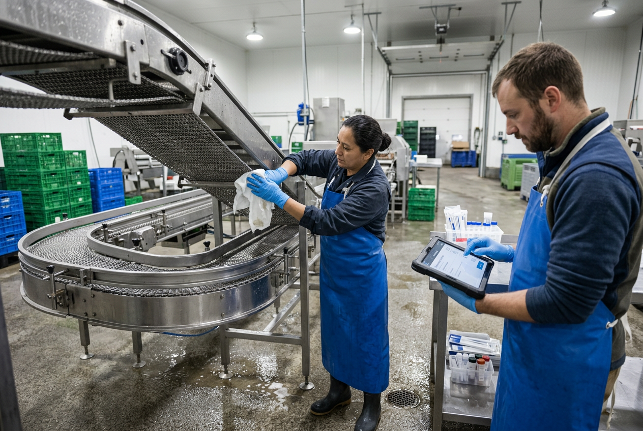 Maintenance engineer in navy coveralls and hairnet servicing a stainless steel wash & flume line and cooling conveyor with a torque wrench and tool trolley in a clean produce packing production room