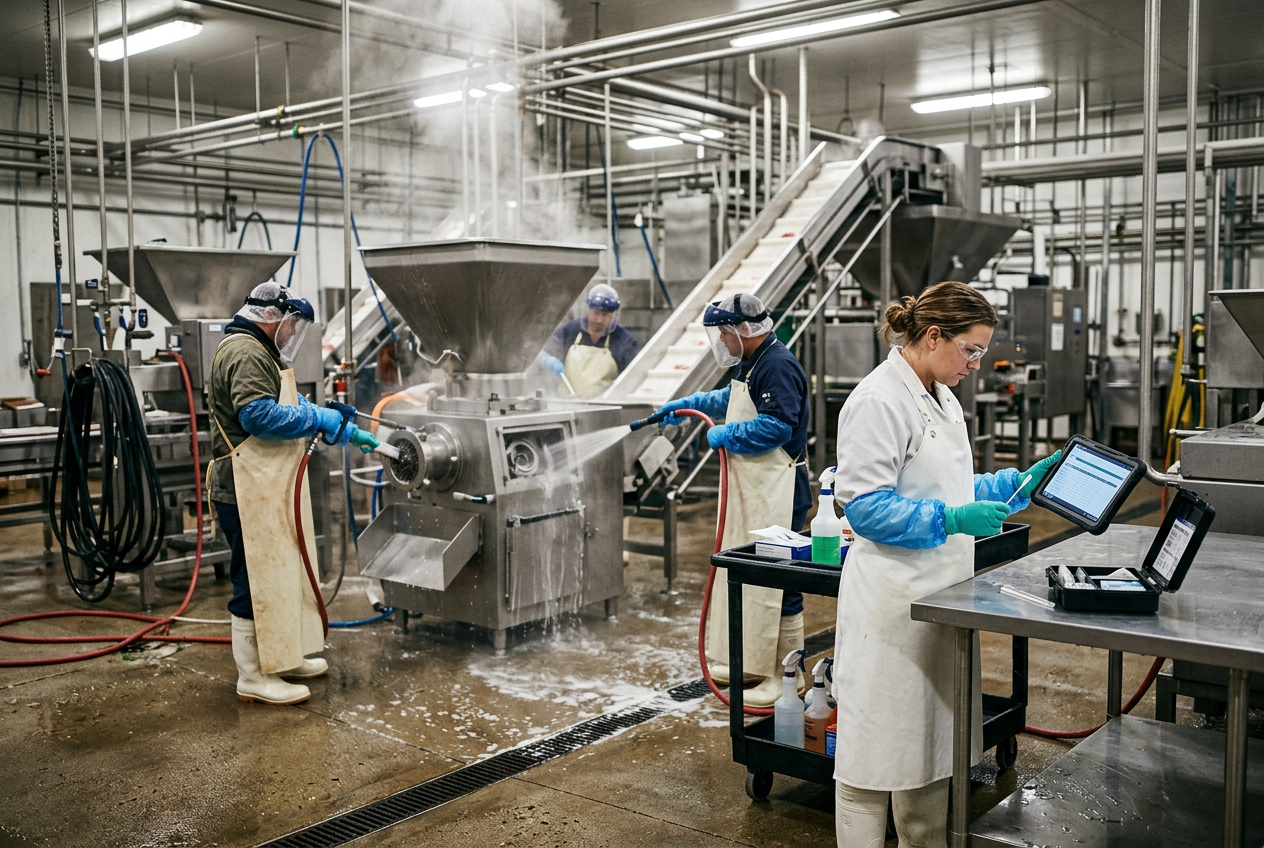 Maintenance engineer in navy coveralls and hairnet servicing a stainless steel grinder + mixer + stuffer line and cooling conveyor with a torque wrench and tool trolley in a clean sausage & meat production room