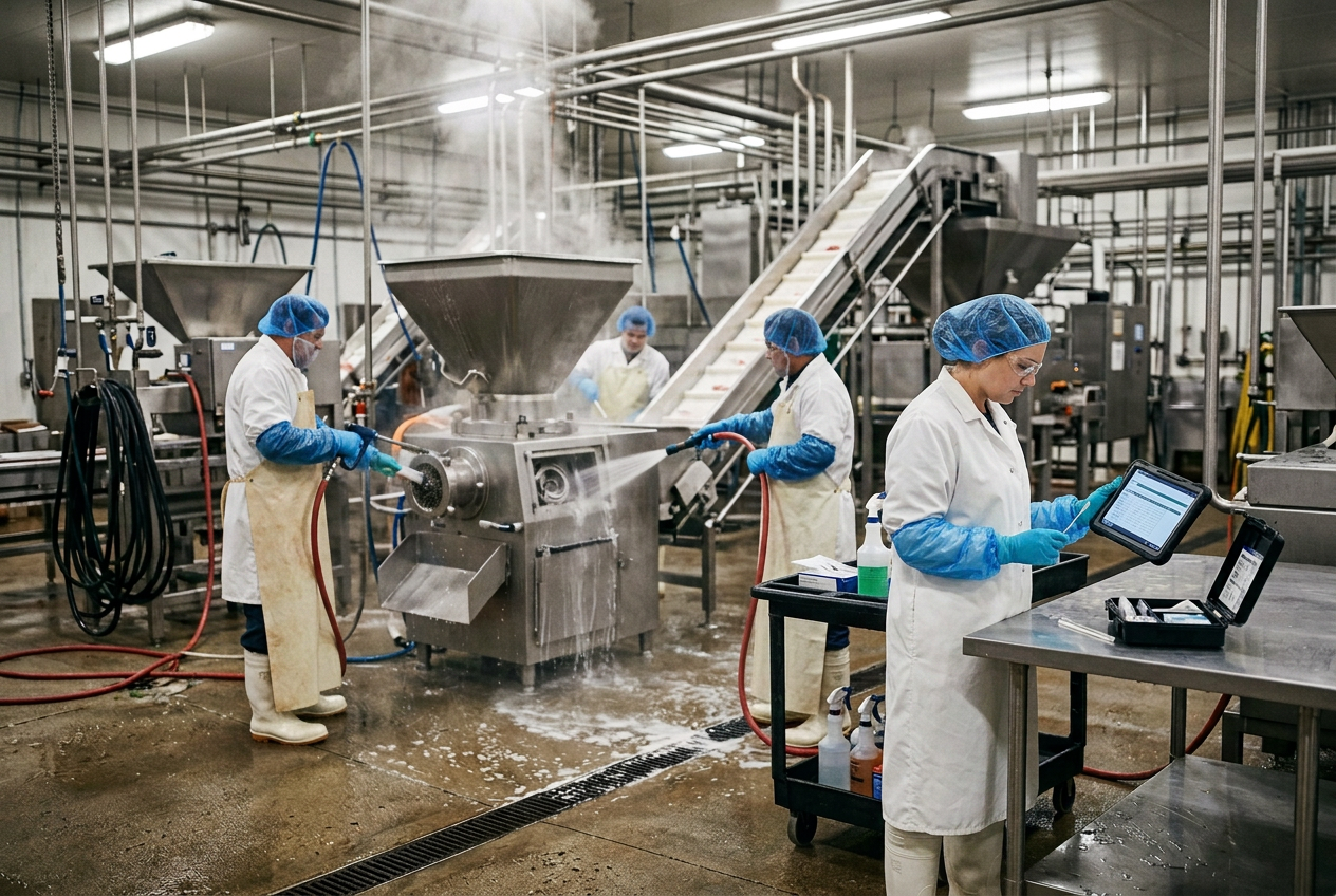 Maintenance engineer in navy coveralls and hairnet servicing a stainless steel grinder + mixer + stuffer line and cooling conveyor with a torque wrench and tool trolley in a clean sausage & meat production room