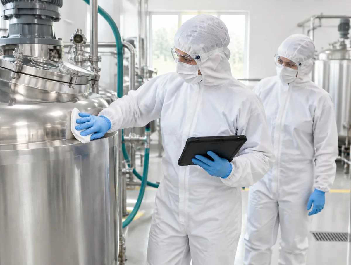 Cleaning operator and colleague in full hoods, masks, glasses, coveralls and gloves wiping a stainless vessel while reviewing a tablet