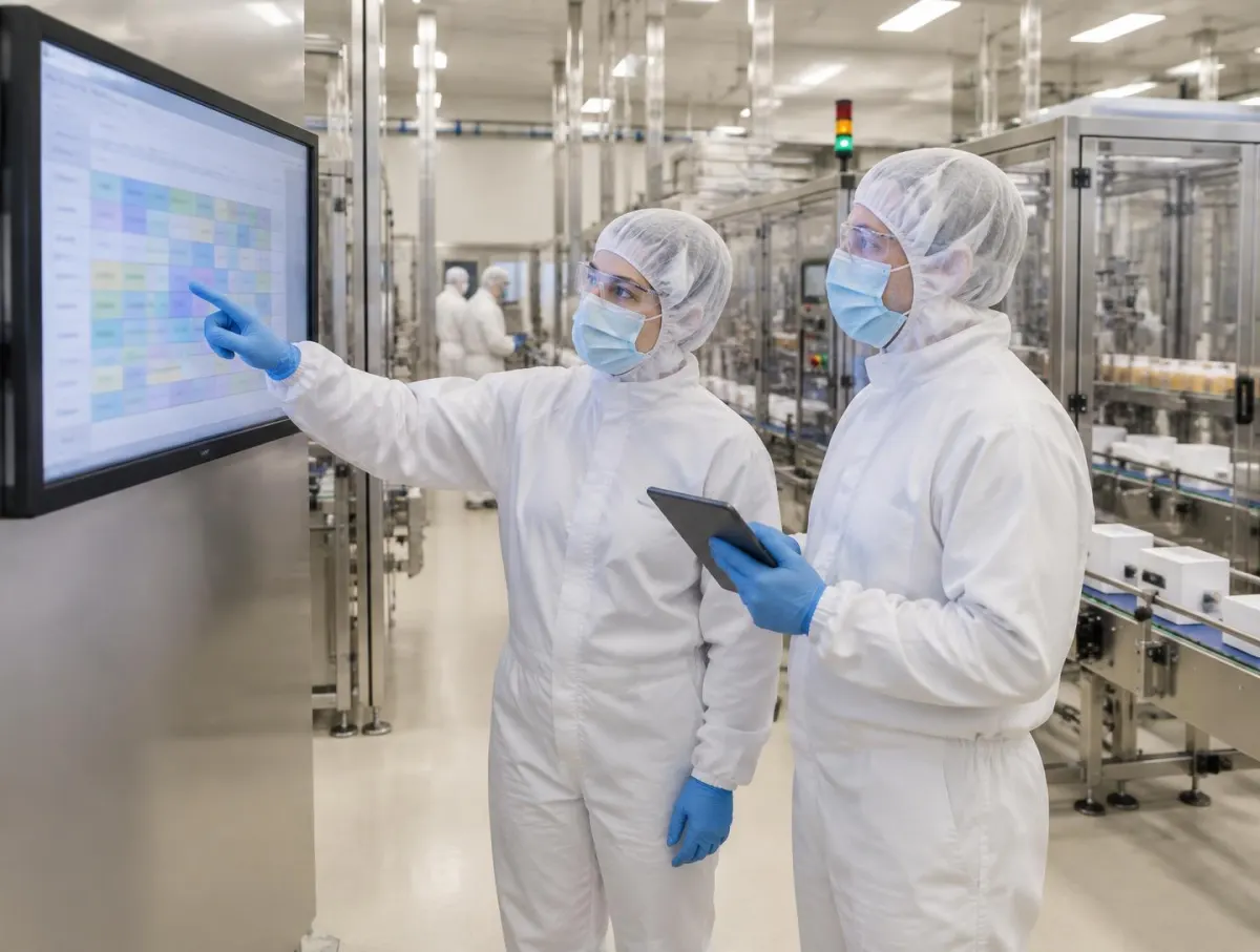Production planner in protective clothing reviewing a line schedule on a tablet on the shop floor