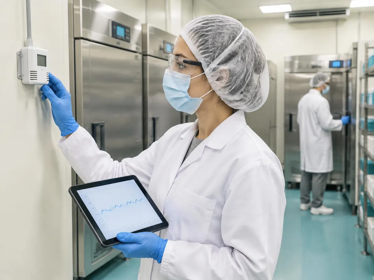 Quality technician in hairnet, mask, safety glasses, lab coat and gloves checking a wall-mounted temperature sensor while holding a tablet with a trend line, beside stainless cold-storage cabinets