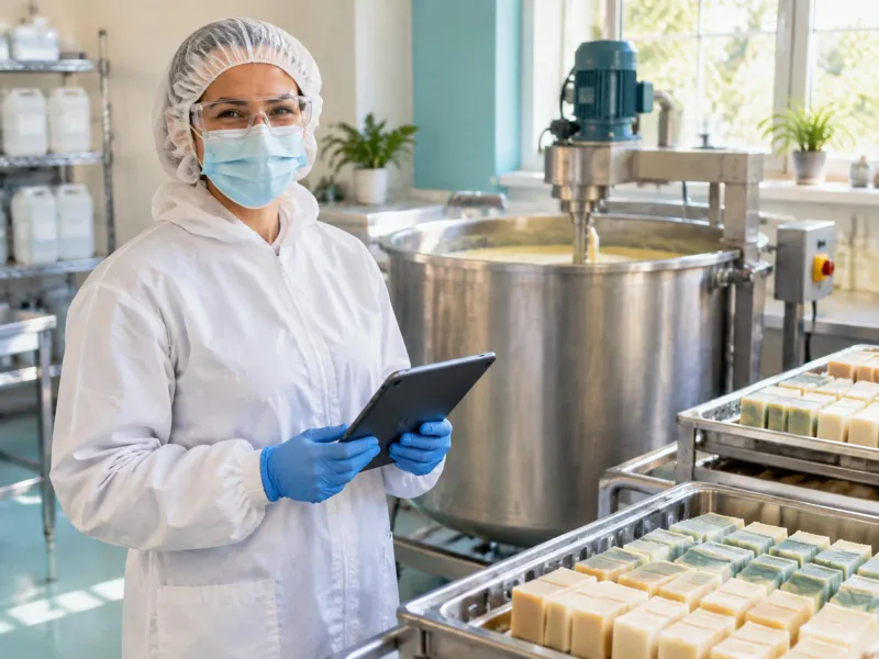 Soap technician with hair and any beard covered, safety glasses, mask, protective clothing and gloves holding a tablet beside a soap mixing kettle and trays of cut bars