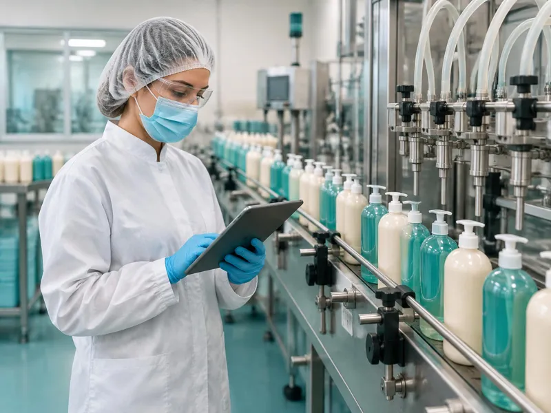 Operator with hair and any beard covered, safety glasses, mask, protective coat and gloves checking a tablet beside a liquid hand soap filling line