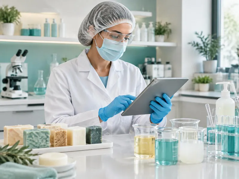 Laboratory analyst with hair and any beard covered, safety glasses, mask, lab coat and gloves reviewing soap bar and cleanser samples on a tablet