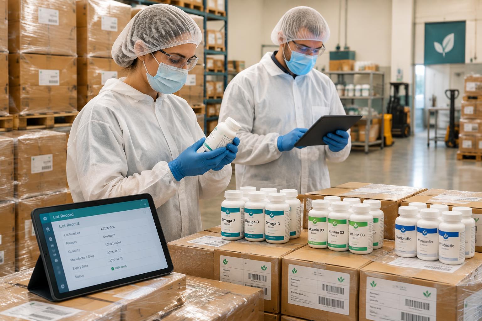 Protected supplement warehouse colleagues checking labeled cases on pallets beside a tablet lot record