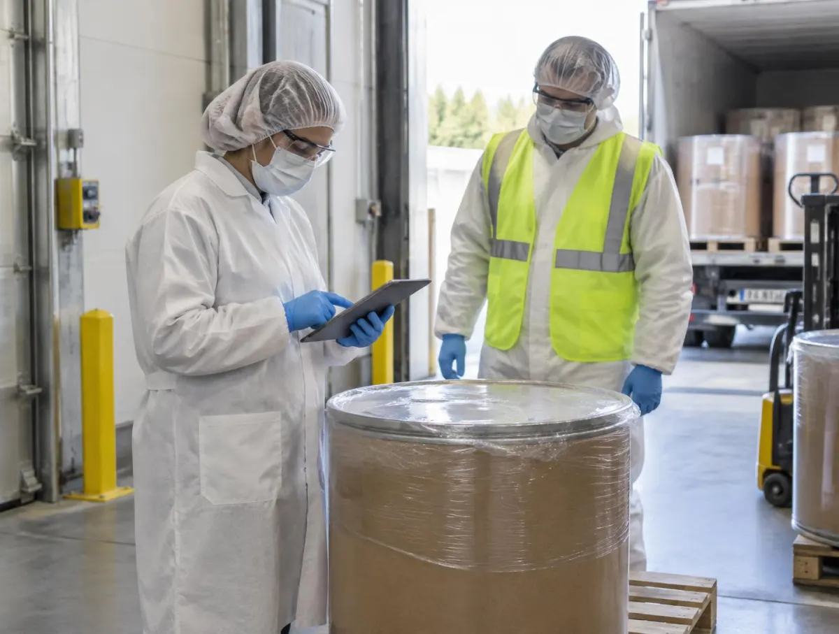 Quality colleague in full protective clothing reviewing supplier records on a tablet in a goods-in area