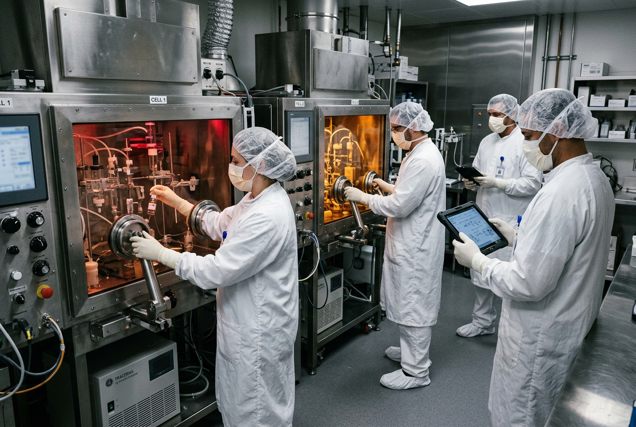 Automated PET radiochemistry synthesis module inside a shielded hot cell, HMI touchscreen showing synthesis run in progress