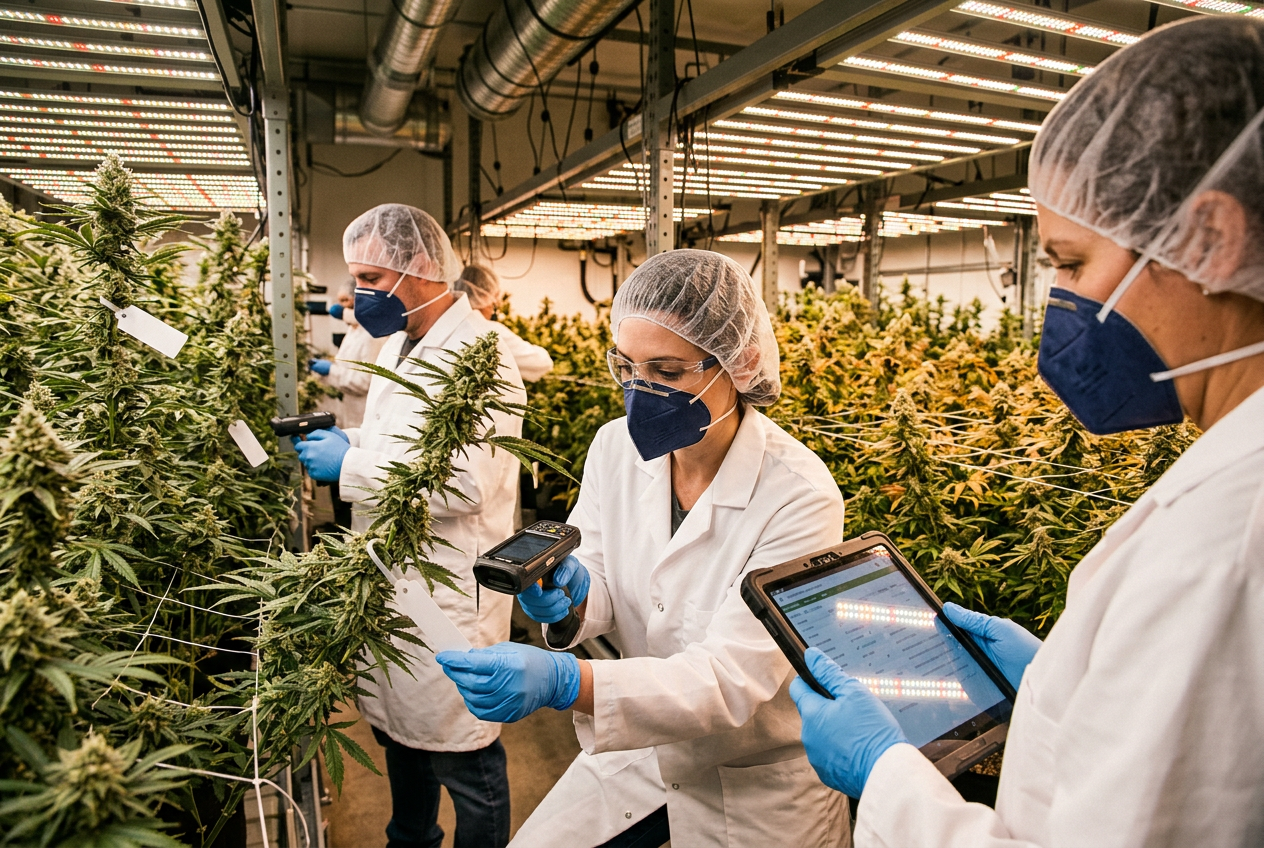Gloved cultivator in white coverall attaching a unique state-issued plastic RFID plant tag to a young cannabis clone growing in a rockwool cube on a nursery rack
