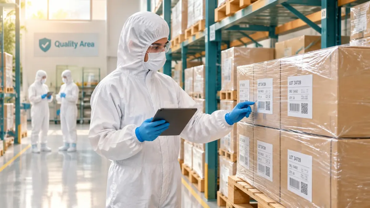 Worker in full protective clothing checking labelled cartons on a tablet, colleagues behind