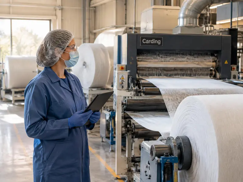 Textile technician in hair/beard covering, safety glasses, mask, protective coat and gloves using a tablet beside a guarded nonwoven carding line with wound web rolls