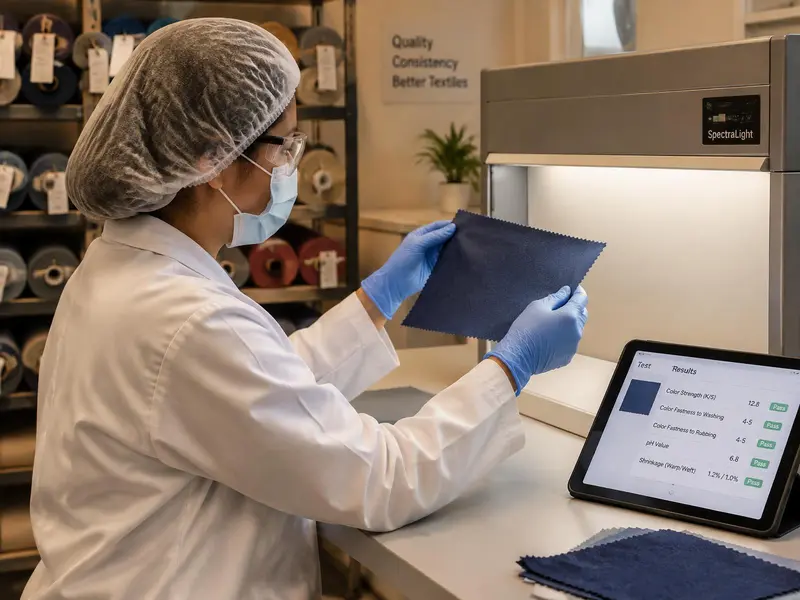 Quality inspector in hair/beard covering, safety glasses, mask, protective coat and gloves reviewing a dyed fabric swatch in a light booth and recording results on a tablet