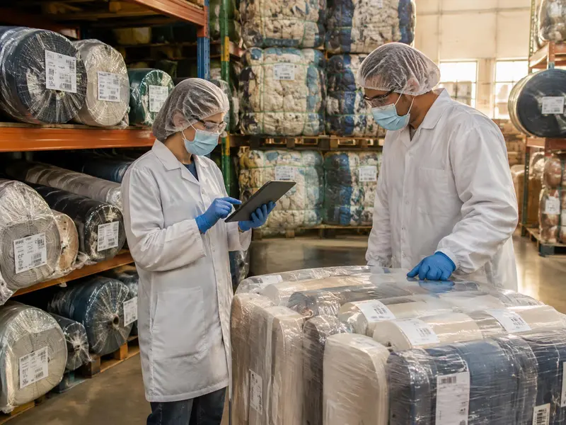 Two warehouse workers in hair coverings, safety glasses, masks, protective coats and gloves checking labelled fabric rolls against a tablet checklist