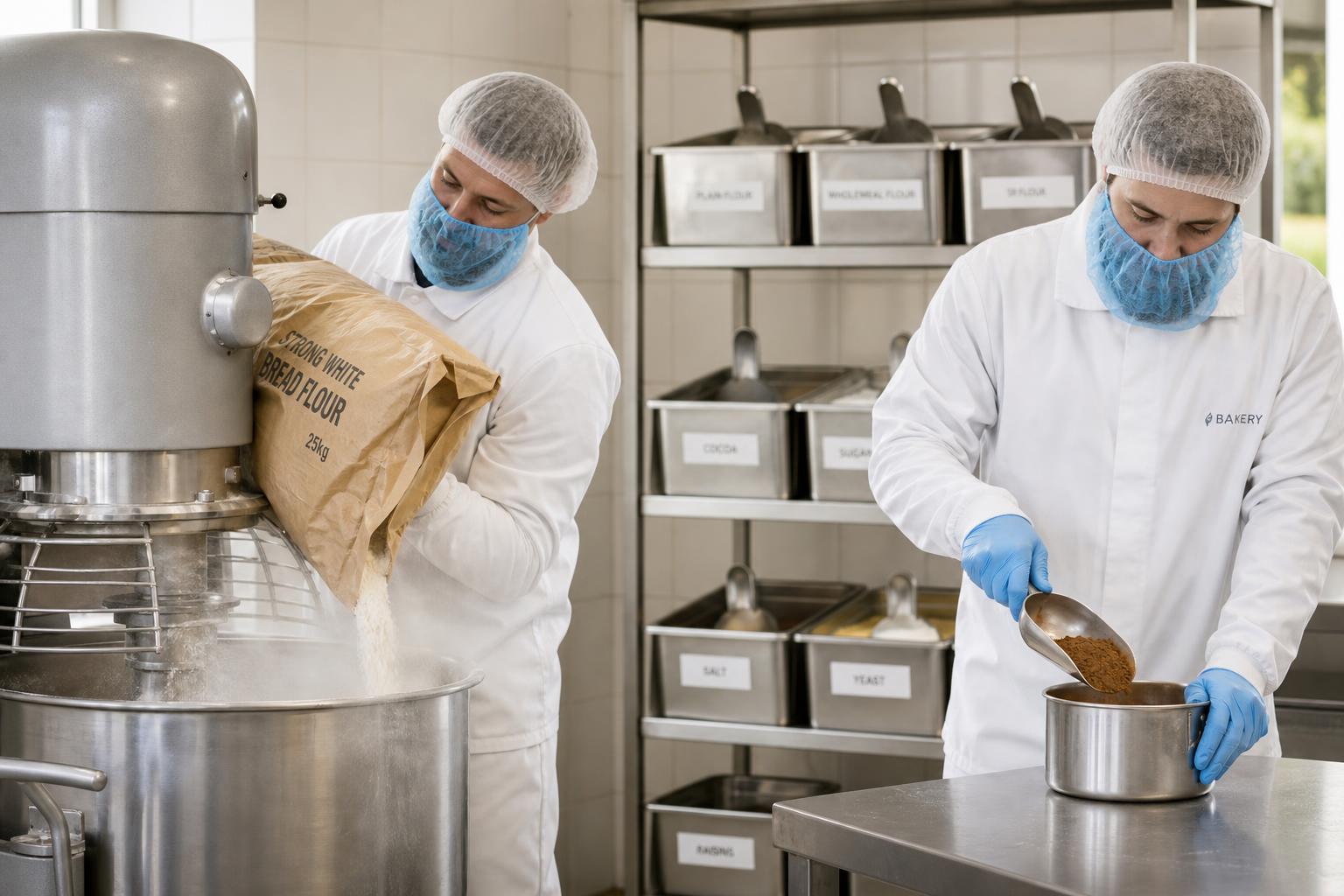 Bakery operator in food-safe PPE tipping a sack of flour into a stainless mixer while a second operator weighs a scoop of minor ingredient on a bench scale