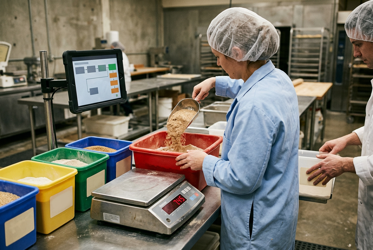 Bakery operator in food-safe PPE tipping a sack of flour into a stainless mixer while a second operator weighs a scoop of minor ingredient on a bench scale