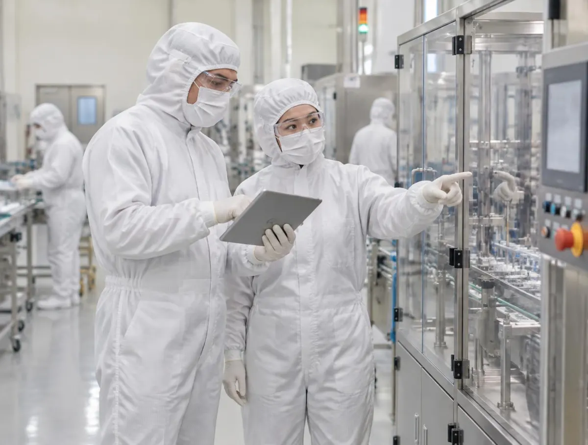 Two colleagues in hoods, masks, safety glasses, white coveralls and gloves reviewing a tablet together on a production floor