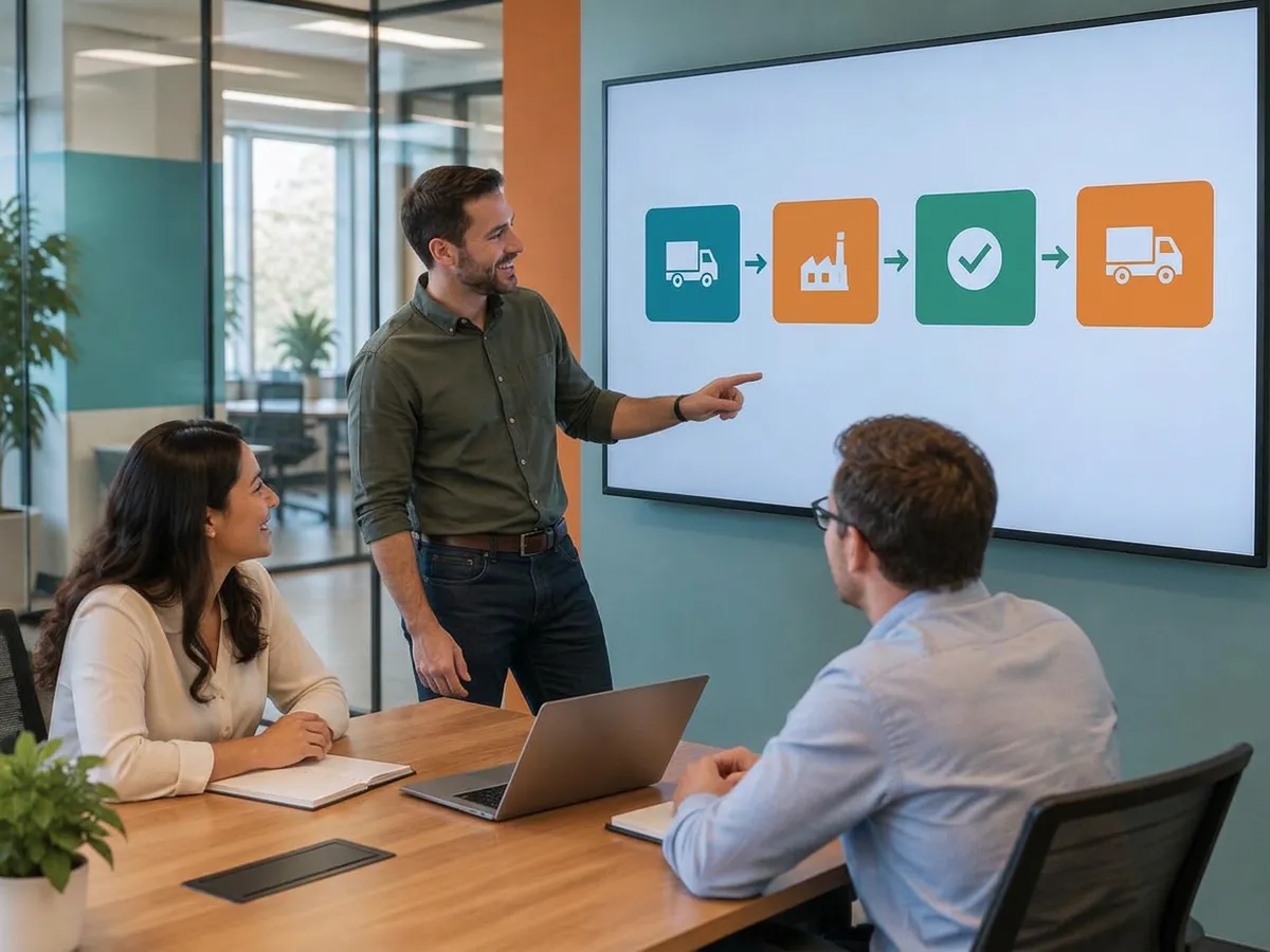 A colleague presenting a simple receive, make, check, ship flow on a meeting-room screen
