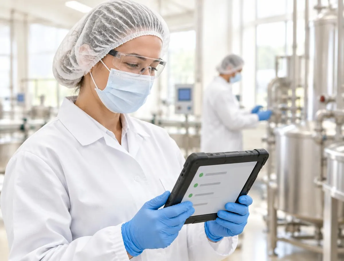 Production supervisor in hair cover, mask, safety glasses, white coat and gloves reading a list of updates on a rugged tablet, with a colleague in the same protective clothing beside stainless equipment