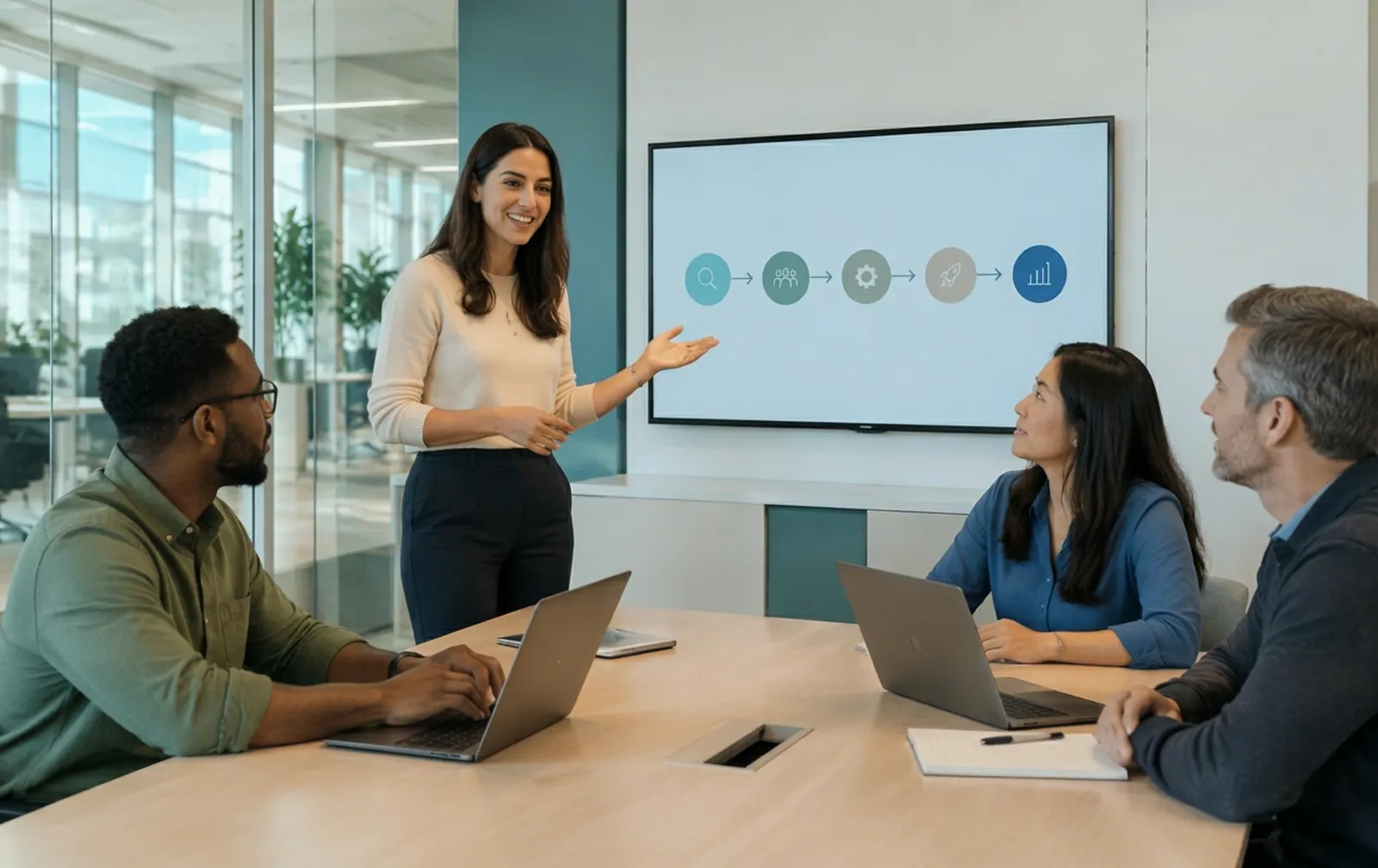 Colleagues in a bright meeting room discussing a simple process diagram on a wall screen