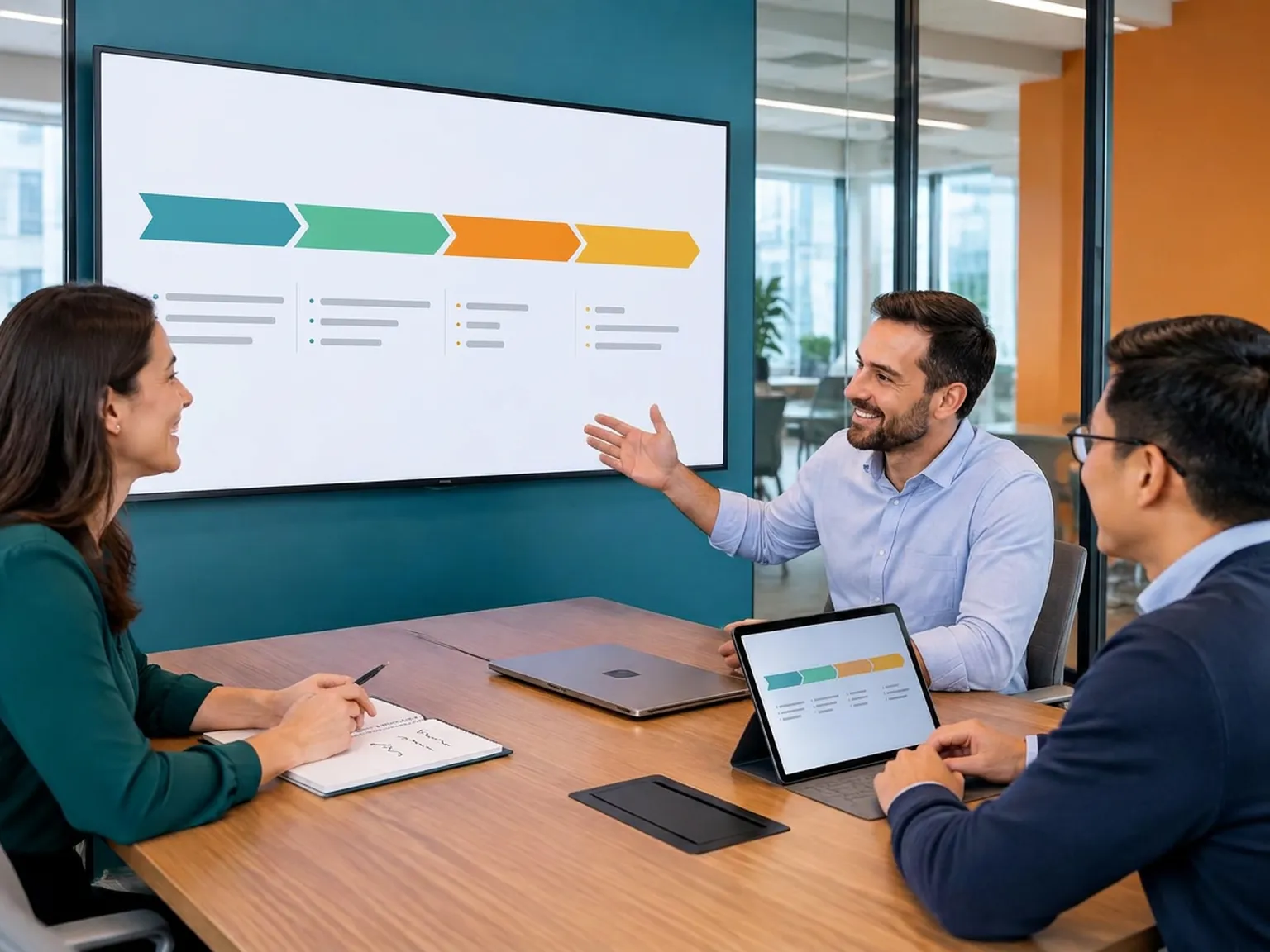 A small team in a modern meeting room discussing an implementation plan on a wall screen