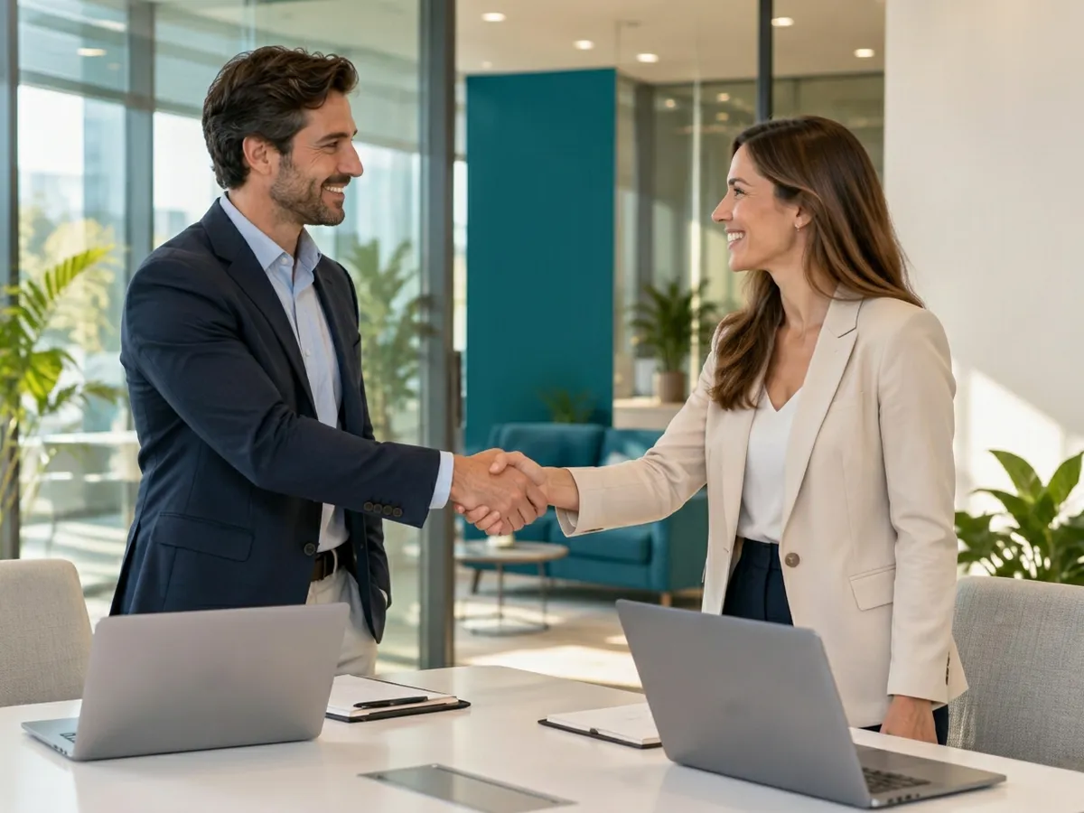 Two business partners shaking hands across a meeting table in a modern office