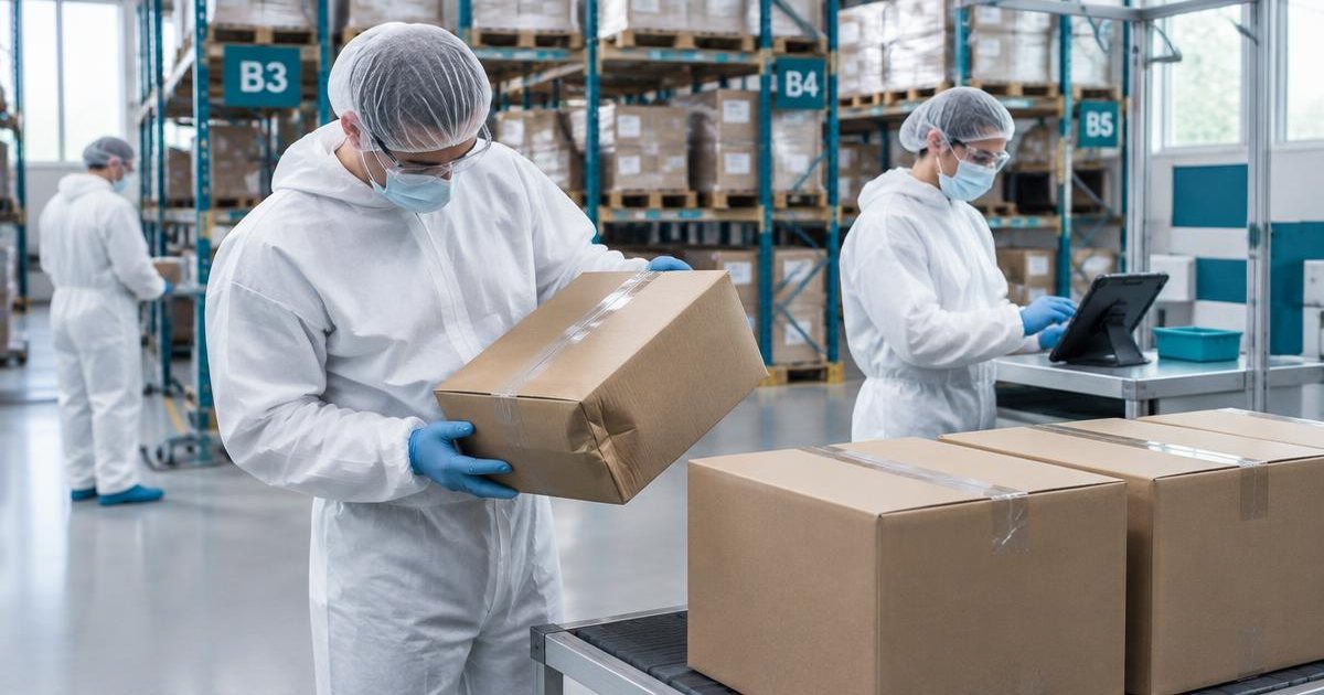 Warehouse colleague checking damaged packaging at receiving