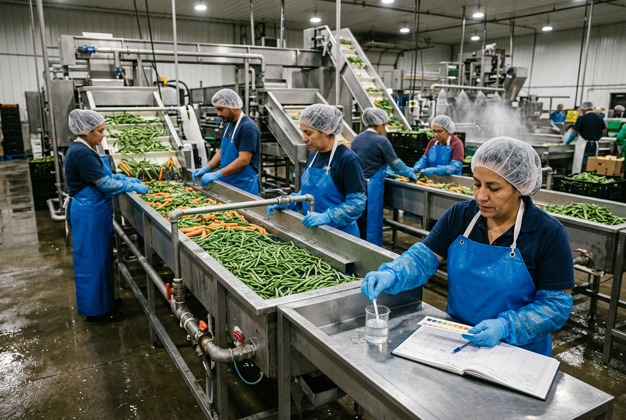 Produce packing wash & flume line with washed greens exiting the die onto a stainless conveyor, operator at a touchscreen HMI