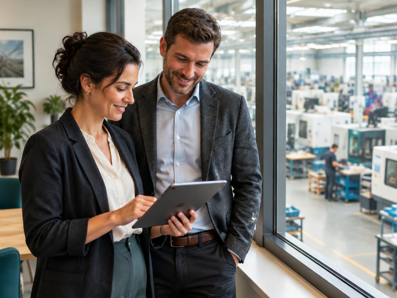 Two operations managers reviewing production records on a tablet, with the factory floor visible through the office window