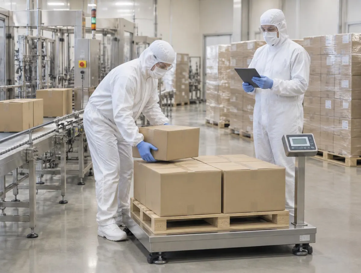 Operator in hood, mask, glasses, coverall and gloves stacking a case on a pallet scale at the end of a line while a supervisor in protective clothing checks a tablet