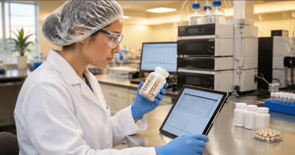 21 CFR 111.70(e): a QC analyst in PPE compares finished capsules with the batch specification on a tablet