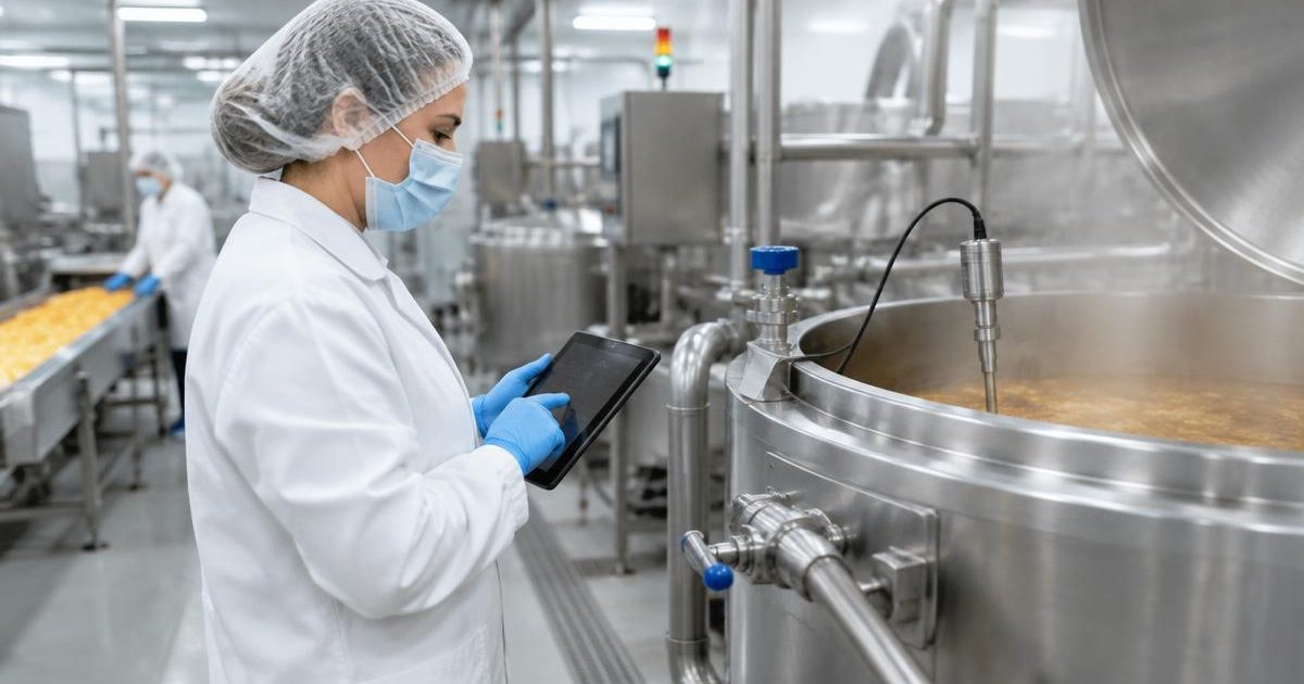 Protected food safety colleague recording a process check beside a kettle