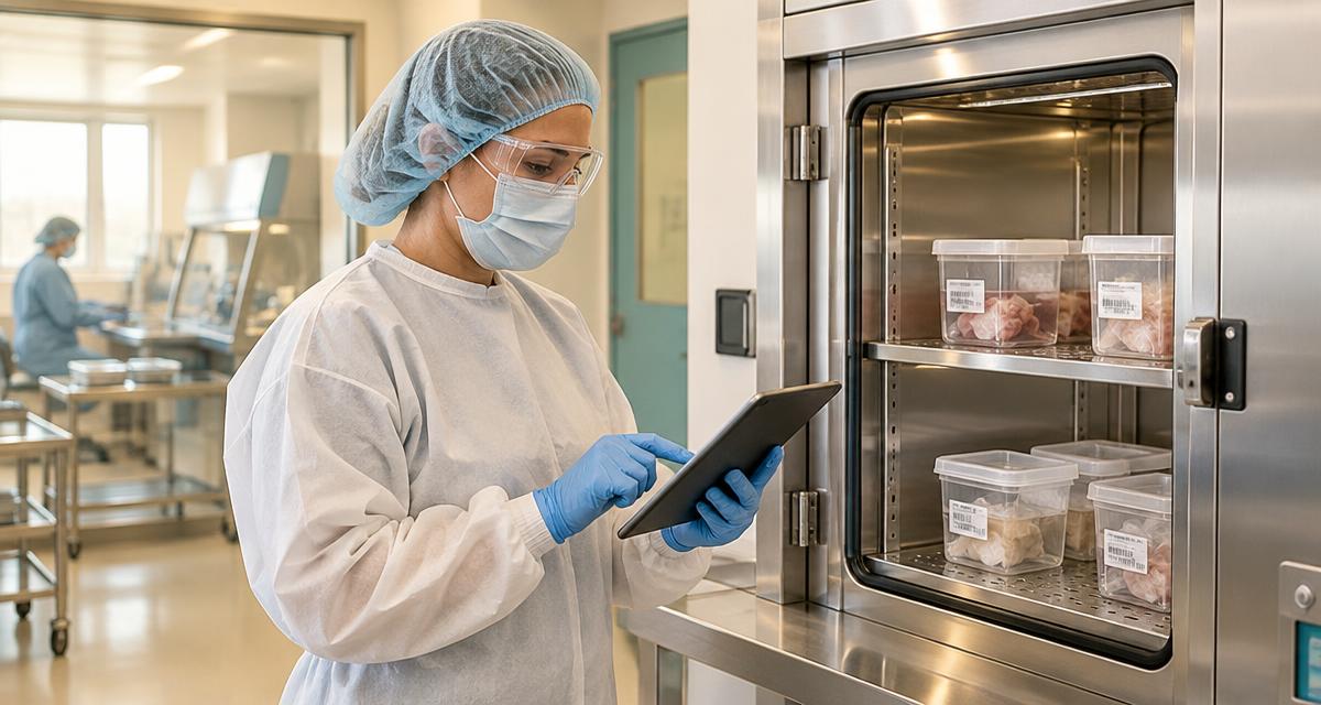 Tissue establishment quality specialist in protective clothing reviewing applicability records on a tablet beside labelled tissue containers