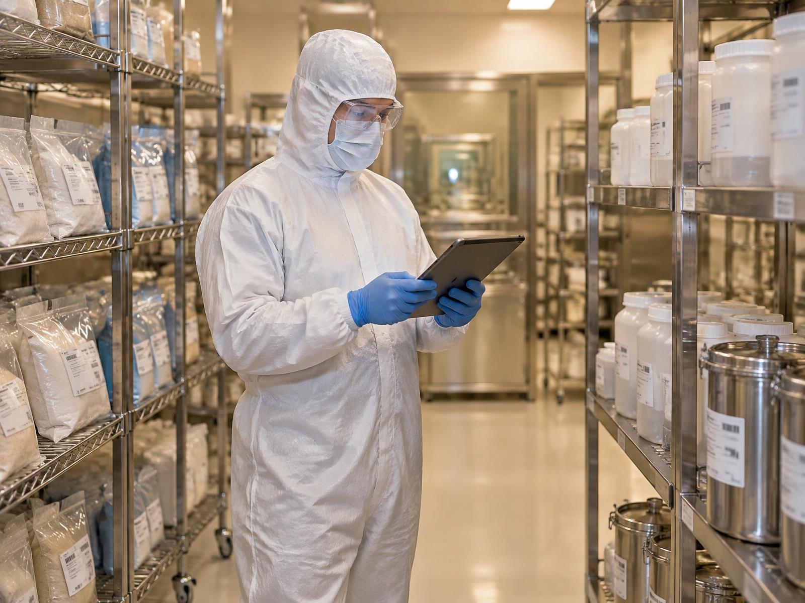 Gowned pharmaceutical specialist checking labelled component lots and in-process containers on separate racks with a tablet