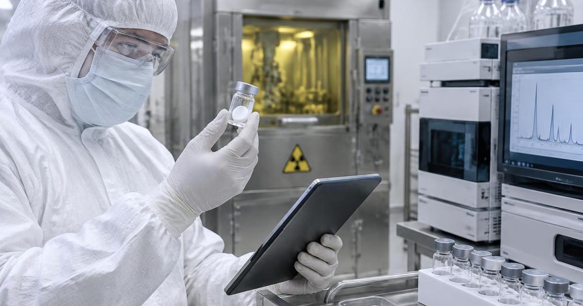 Protected PET colleague reviewing controlled procedure records on a tablet beside laboratory equipment