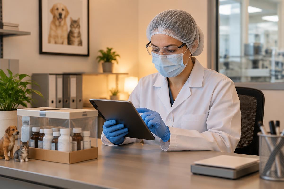 Veterinary drug quality specialist in protective clothing reviewing a complaint intake timeline on a tablet