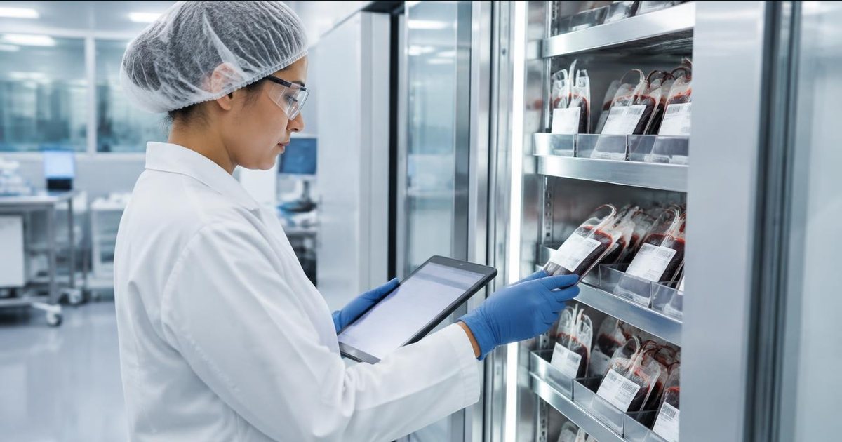 Protected blood establishment colleague reviewing identified component bags during a lookback quarantine review